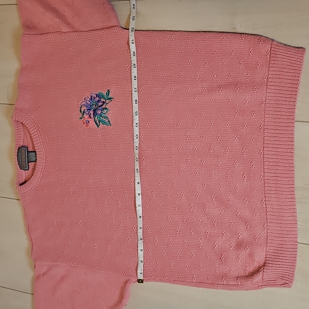 Vintage Liz Baker Pink Knit Short Sleeve Sweater Floral Embroidery Grandmacore - Picture 6 of 7